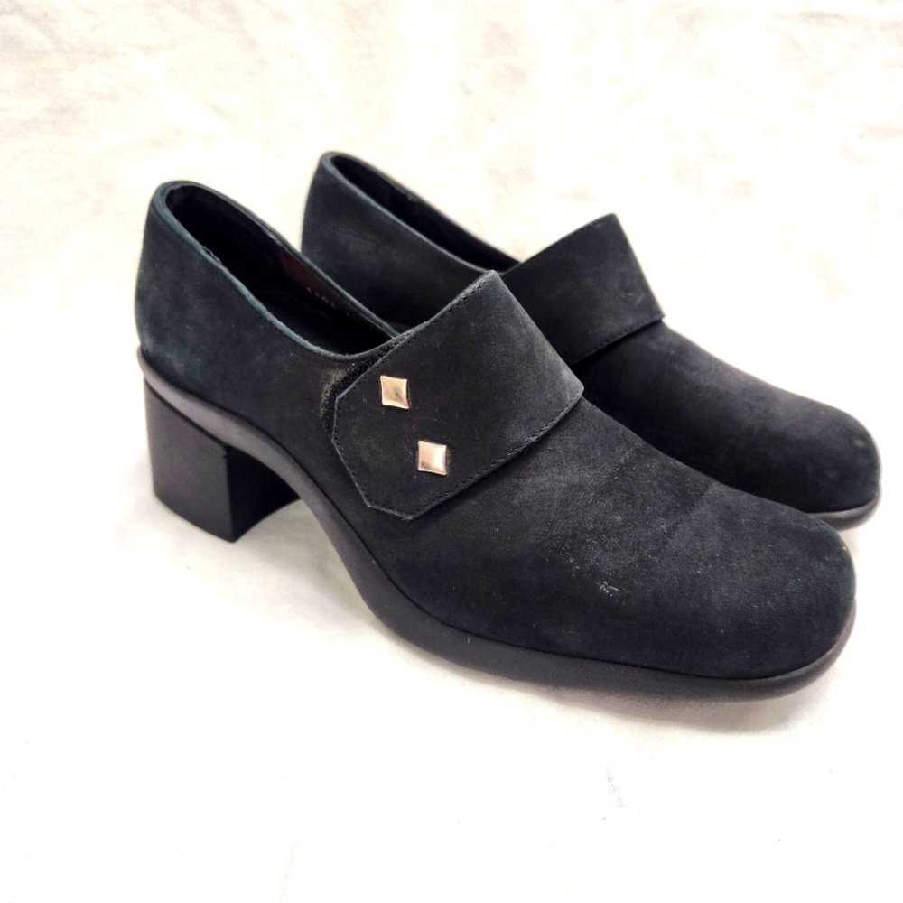 Portania Shoes Women's US 8 UK 5.5 Comfort Loafer Black Leather Block Heels NWT